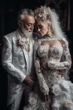 a man and woman dressed up in wedding attire standing next to each other with their arms around each other