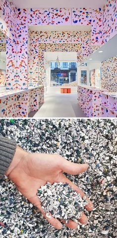 the inside and outside of a building with colorful walls