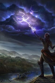 a woman holding a lightning bolt in her hand while standing next to a body of water