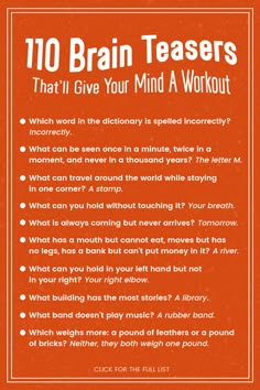 an orange poster with the words 10 brainteazers that give your mind a workout