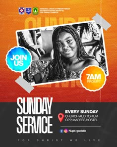 the flyer for sunday service with an image of a woman