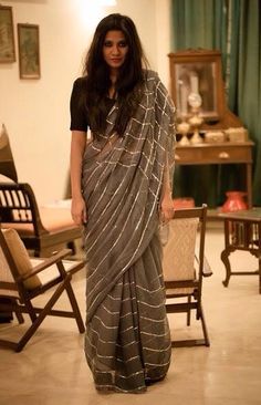 Party Lehenga, Fashion Designer Dresses, Black Sarees, Desi Couture, Checks And Stripes, The Secret Label, Checks Saree, Grey Saree, Classic Wear