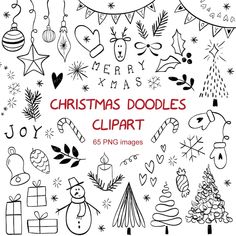 the christmas doodles clipart is shown in black and white with lots of decorations