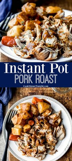 instant pot pork roast on a plate with potatoes and carrots in the foreground