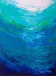 an abstract painting of blue and green water