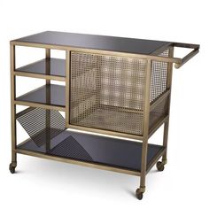 a metal and glass shelf on wheels with two shelves, one is black and the other is gold