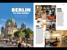 an article in the german magazine berlin for diner tadder with pictures of people eating and drinking