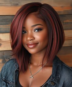 Rusty Red Bob Bob Hairstyles For Redheads, Fiery Red Hair Color, Fall Color Silk Press Natural Hair, Chocolate Bob Black Women, Black Women Highlights Hair, Fall Color Hair Ideas For Black Women, Yaki Hairstyles, Fall Vivid Hair Color, Hair Colors For Light Skin