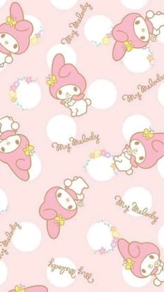 hello kitty wallpaper in pink with white polka dots and an animal on the bottom