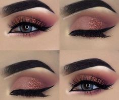 Blush Color Makeup Looks, Pink Eye Shadow Looks, Shadow Eyes, Koleksi Makeup, Party Eye Makeup, Rose Gold Eye Makeup, Make Up Designs, Make Up Gold, Gold Eyeliner