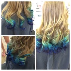 Mermaid ombre-- favorite color I've done to date Mermaid Tips Hair, Mermaid Hair Tips, Color Tips Hair Dip Dyed, Curls Ideas, Blue Curls, Kids Hair Color, Hair Dye Tips