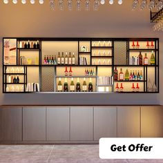 an image of a bar with liquor bottles on the shelves and chandelier above it