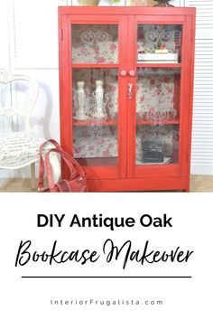 an old bookcase makeover with red paint and flowers on the glass front door