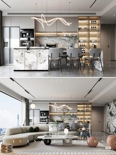 two pictures of the same living room and kitchen in different rooms, one with marble furniture