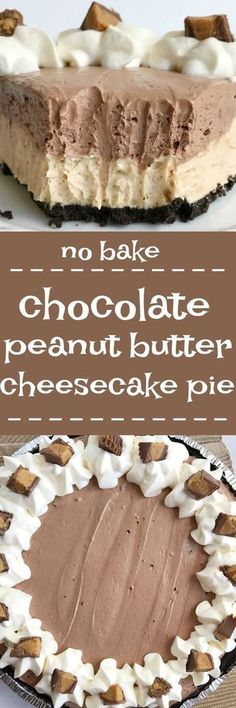 no bake chocolate peanut butter cheesecake pie on a plate with text overlay