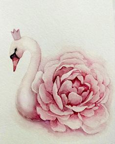 a watercolor painting of a white swan with a pink flower in its beak and the words love written on it