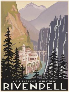 an old poster shows a castle in the middle of a mountain range with pine trees