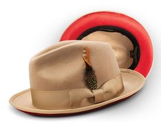 2 ⅜" Brim Wool Felt Dress Hat with Feather Accent Tan with Red Bottom | Suits Outlets Men's Fashion Homburg Hat, Hat With Feather, Felt Dress, Popular Hats, Stacy Adams Shoes, Banded Collar Shirts, Mens Hats Fashion, Fedora Hat Men, Wool Fedora Hat