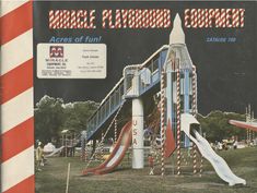 an advertisement for a children's play park in the usa with a slide and slides