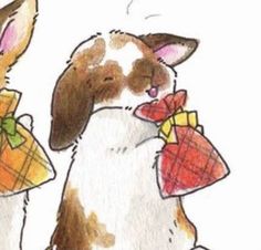 a drawing of two dogs with presents in their paws, one is brown and the other is white