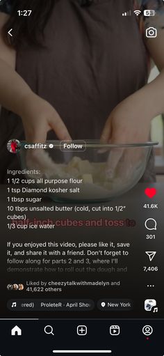 the woman is preparing food in her bowl on the table with an iphone app showing it