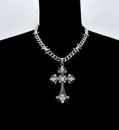 * Stainless Steel Chain * Includes a 3" extension for adjustability * Handmade in Los Angeles Silver Cross Curb Chain Necklace, Silver Curb Chain Necklace With Cross Pendant, Silver Cross Chain Necklace With Curb Chain, Chrome Heart Necklace, Barbed Wire Cross, Cross Charm Necklace, Cross Necklaces, Jewelry Accessories Ideas, Barbed Wire