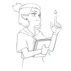 a drawing of a girl holding a book and pointing to the side with her finger