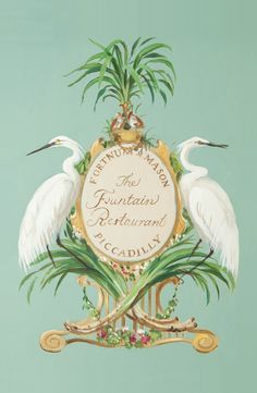 a painting of two white birds on top of a sign that says the fountain's restaurant