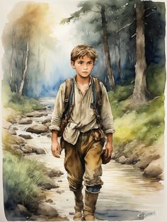 a watercolor painting of a boy walking in the woods with a backpack on his back