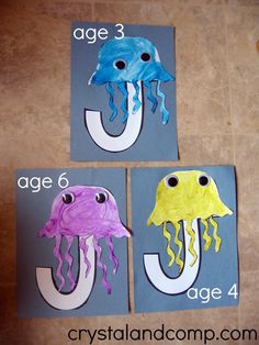 three paper plates with octopus and jellyfish on them, one has the letter j