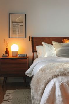 a bed with white sheets and pillows in a bedroom next to a lamp on a nightstand