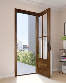 an open door in a living room with pink walls and white carpeted flooring