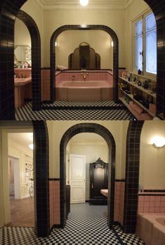 this bathroom has black and white checkered flooring with pink accents on the walls