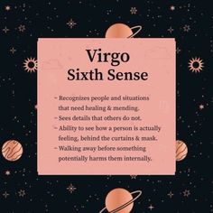 a pink sign that says virgo sixth sense with planets in the sky behind it