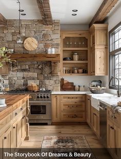 a kitchen filled with lots of wooden cabinets and counter top space next to a window