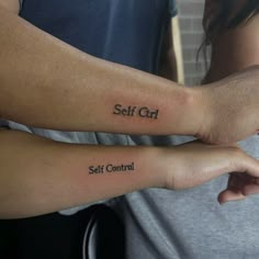 two people with matching tattoos on their arms that say self control and self control in black ink