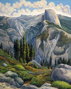 a painting of mountains and trees with clouds in the sky