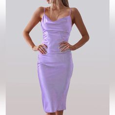 New For Summer! Satin Slip Dress In Lilac Slide Slit Cowl Neck Adjustable Spaghetti Straps Side Zipper Stretchy Satin-Like Midi Length 95% Polyester, 5% Spandex Approx Flat Measurements: 19” Bust, 15” Waist, 20” Hips, 45” Length Beach Evening, Cocktail Beach, Silk Wedding Dress, Dress Cocktail, Lilac Dress, Large Dress, Satin Slip, Satin Slip Dress, Satin Dress