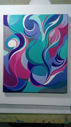 an abstract painting with blue, pink and white swirls on the bottom half of it