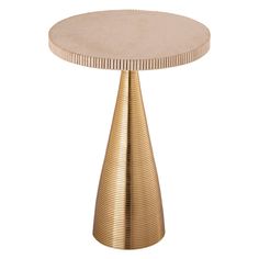 a gold side table with a circular top and curved legs, on a white background