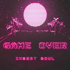 the title for game over is shown in pink and purple neon lights with palm trees