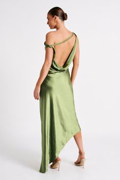 Yvette Slip Maxi Dress With Asymmetrical Hem - Emerald - MESHKI U.S