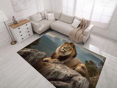 a living room area rug with a lion sitting on top of a rock in front of a window