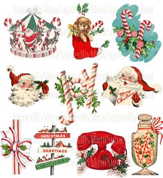 vintage christmas stickers with santa claus, candy canes and other items on them