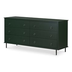 a dark green dresser with six drawers and two legs on the bottom, in front of a white background