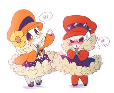 two cartoon characters dressed in costumes and hats, one is talking to the other another