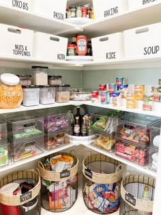 an organized pantry with baskets, food and condiments