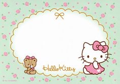 an image of hello kitty and teddy bear with flowers in the background on a card