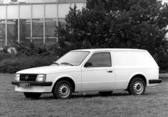 an old white van parked in front of a building with trees and bushes behind it