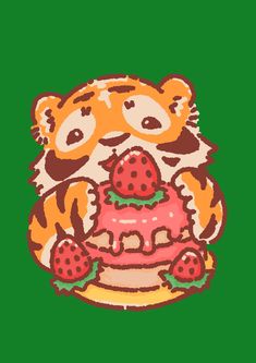 a drawing of a tiger holding a cake with strawberries on it's face